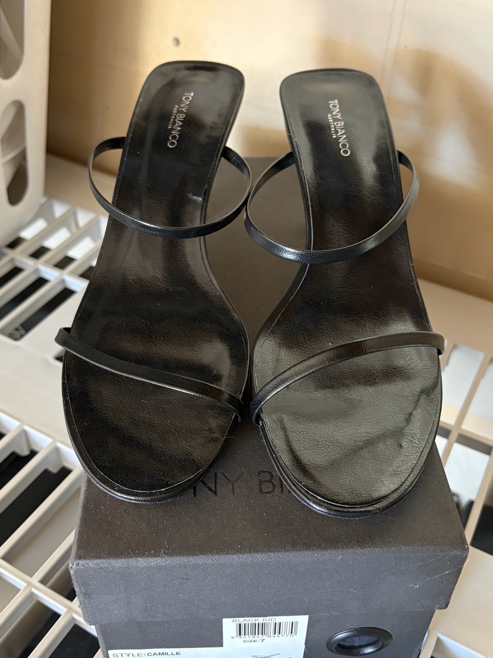 Tony Bianco Black Minimal Double-Strap Slide Heels